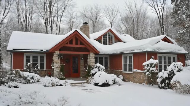 Snow-covered red cottage house with stone chimney in winter landscape.