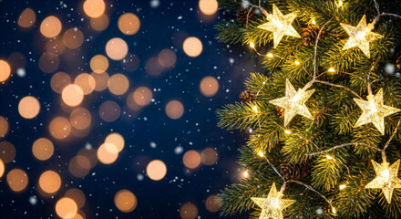 Evergreen branches decorated with glowing star lights and pine cones against a dark blue bokeh background.