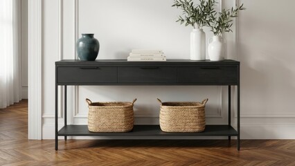 Modern black console table with elegant decor and storage baskets in a bright home interior.