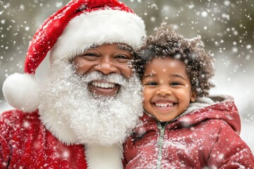 African male adult santa with african male child celebrating in snow