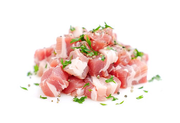 Pile of cubes, raw meat isolated on white background