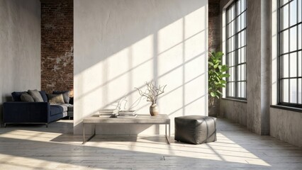 Bright and airy minimalist living room interior with a comfortable sofa and warm sunlight.