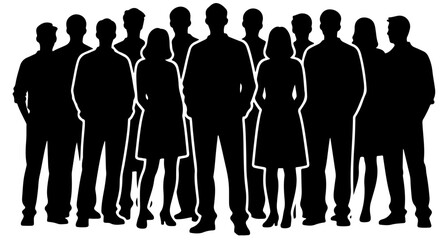 A line of diverse silhouettes stands together in unity, symbolizing teamwork, community, and collaboration. Suitable for business, education, and social themes focused