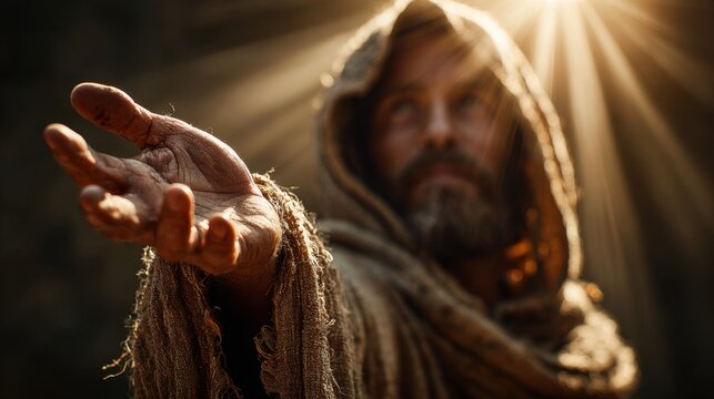 Close-up of a hand of Jesus Christ extended toward the viewer by a bearded man in a hooded rustic robe against a background of divine golden sunlight symbolizing faith, hope, and spiritual 