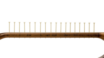 Close up of a wooden instrument neck with metal pegs on a white background, showcasing detailed craftsmanship and musical instrument design elements