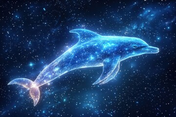 A glowing, translucent dolphin composed of stars and energy streams floats gracefully through a dreamlike cosmic night sky.