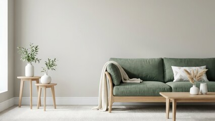 A modern and cozy living room features a green sofa, wooden tables, and decorative plants.