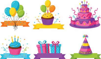 Colorful birthday party vector set featuring balloons, cakes, cupcakes, gift boxes, party hat, festive ribbons, and celebratory decorations on white background