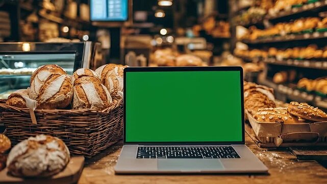 Laptop with Green Screen Displaying Information Amidst Bakery Display Filled with Various Breads and Pastries Soft Lit Interior Warm Tones Wooden Countertop.