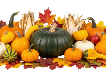 A vibrant assortment of pumpkins, gourds, and autumn leaves arranged on a transparent background, celebrating the fall harvest season