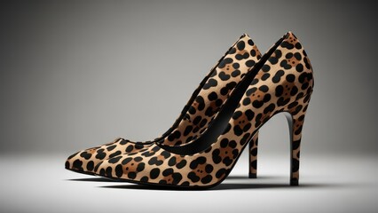 Leopard print high heels on grey background showcasing fashionable animal print stiletto footwear