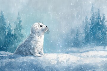 Adorable white baby seal pup sitting in a snowy winter landscape with falling snowflakes