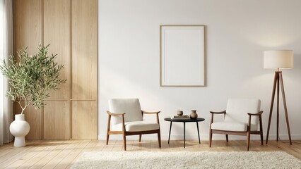 A bright and minimalist living room with wooden furniture and a large green plant.