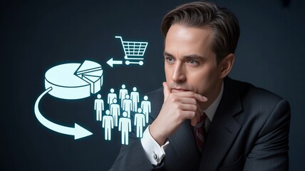 Thoughtful businessman contemplating marketing strategy with pie chart customer group and shopping cart icons on dark background