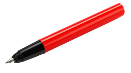 Bright red and black rollerball pen with a fine metal tip against a deep for design