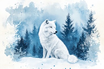 Majestic white wolf sits alertly amidst a frosty, blue watercolor wilderness scene