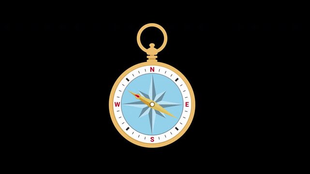 A gold compass with a blue and white face icon concept loop animation video with alpha channel