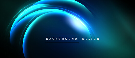 Abstract blue light curves create dynamic background. Modern design features glowing shapes, dark space, text elements.