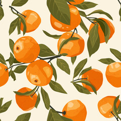 Seamless vector illustration of delicious tangerines hanging on a branch. Ideal for decorating textiles, packaging, and wallpapers.