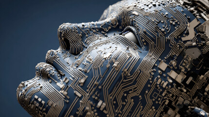 advanced artificial intelligence concept with 3d robotic android head covered in complex golden circuit board patterns and microchips representing machine learning digital brain and future technology