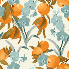 Delicate orchids and tangerine branches. Seamless vector illustration suitable for decorating textiles, packaging, and wallpapers.