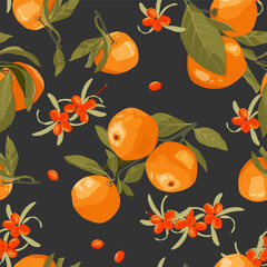 Seamless vector illustration of delicious tangerines hanging and sea buckthorn on a black background. on a branch. Ideal for decorating textiles, packaging, and wallpapers.