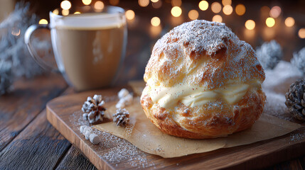 delicious gourmet cream puff pastry with vanilla custard filling and powdered sugar served on rustic wooden board with a cup of coffee and festive bokeh lights for cozy winter holiday snack break