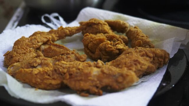 Crispy fried chicken sits on a dark surface, showcasing a golden-brown texture. A tempting close-up of delicious, freshly fried poultry.