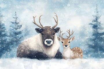 Two reindeer are resting together in a snowy winter forest scene