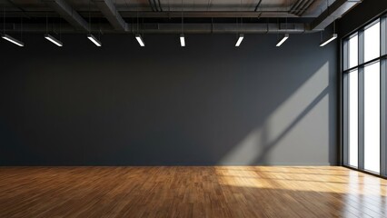 An empty modern room features a dark wall, wooden floor, and large windows with sunlight streaming in.