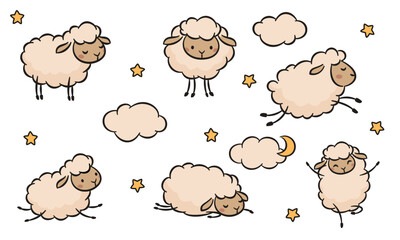 A set of vector line illustrations on a white background. Cute sheep and lambs in different poses, jumping, running, and sleeping. Clouds, moon, and stars. . Vector illustration