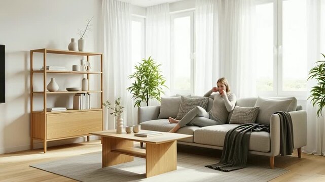 Bright and Cozy Living Room with Large Windows and Minimalist Decor