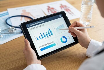 A healthcare professional reviews hydration data and fluid balance graphs on a tablet while preparing for a patient consultation in a clinical setting