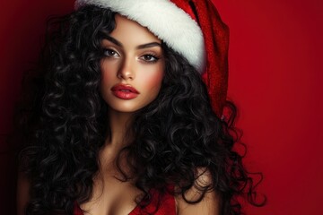Elegant semi-profile portrait of an attractive young woman with voluminous curly hair in a Santa hat, illuminated by magical golden Christmas lights and a blurred tree ...