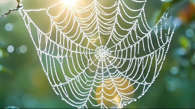 Intricate Orb Weaver Spider Web Covered in Sparkling Morning Dew Droplets Glistening in Soft Golden Sunlight Amidst Lush Green Foliage Bokeh Background Natural Outdoor Macro Photography
