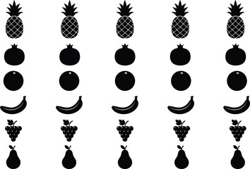Fruit silhouettes collection pineapple banana apple orange grape pear black vector icons set minimal food illustration isolated design healthy nutrition