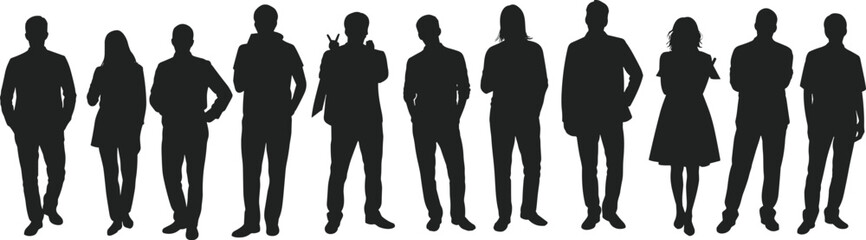 People silhouettes collection diverse men women standing black vector set human figures isolated group illustration design modern lifestyle teamwork concept