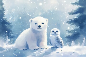 Adorable young polar bear cub and snowy owl posing together in a winter forest setting