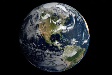 Full Earth View with North America Prominently Displayed Against a Black Background Showing Detailed Cloud Formations and Geographical Features From Space
