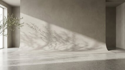 A minimalist room with natural light and plant shadows on a seamless background