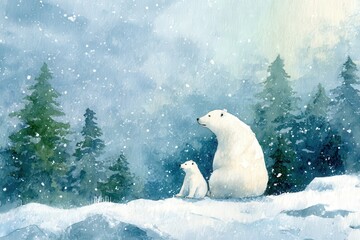 Watercolor painting depicts a mother and cub observing a snowy arctic landscape with evergreen trees
