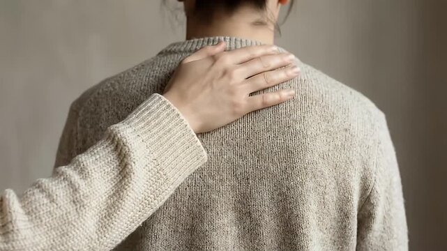 Close up on a person's back wearing a textured beige knitted sweater with circular patterns and a gentle hand resting on the shoulder in soft natural light
