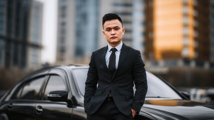 businessman standing in the foreground a luxury car