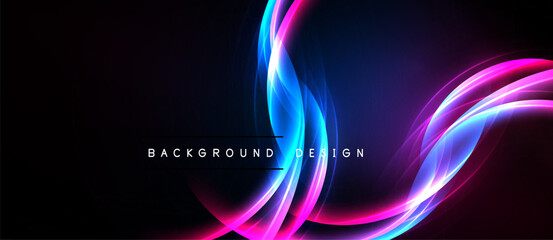 Abstract neon waves, vibrant pinks, blues flow across dark background. Modern design element for digital projects.