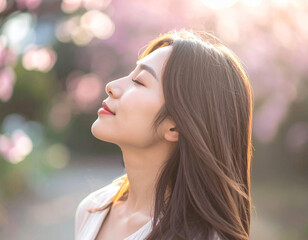 長い髪をなびかせるヘアモデルの女性　美髪のロングヘア　横顔　笑顔