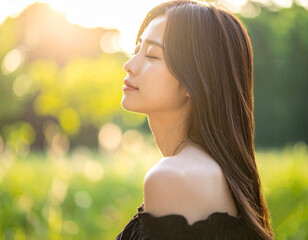 長い髪をなびかせるヘアモデルの女性　美髪のロングヘア　横顔　笑顔