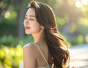 長い髪をなびかせるヘアモデルの女性　美髪のロングヘア　横顔　笑顔