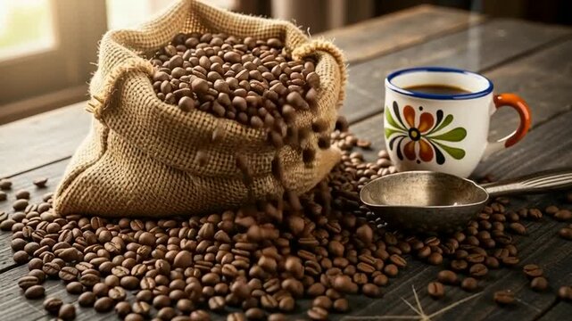 Close-up of a rustic burlap bag filled with coffee beans and a colorful mug on a wooden table