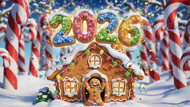gingerbread man looking out of a house under flying 2026 numbers and confetti