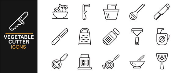 Fototapeta premium Food preparation and vegetable slicing tool icon set